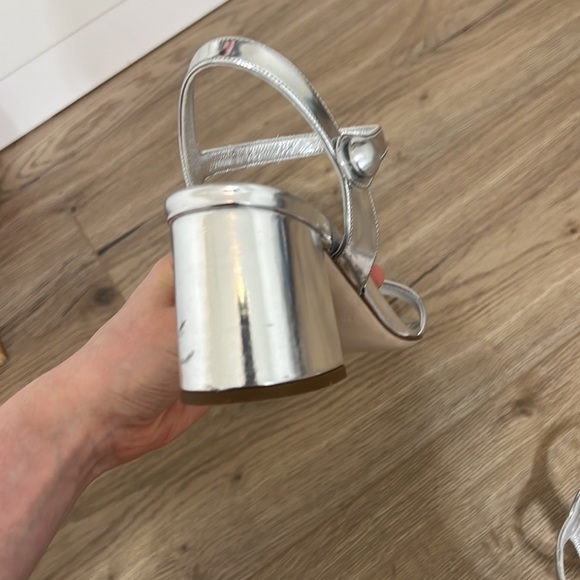 Miu Miu Metallic Silver Leather Ankle Strap Block Heel Sandals - Picture 12 of 15